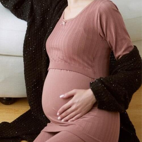 Spring Autumn Maternity Pajamas Suit Cotton Sweater Long Sleeve Nursing Top And Trousers Postpartum Sleepwear Thermal Underwear