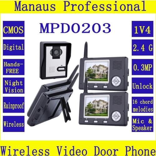 Wireless Video Intercom System Color Video Doorphones Four 3.5 Inch Display Screens&One Outdoor Waterproof Security Camera D203b
