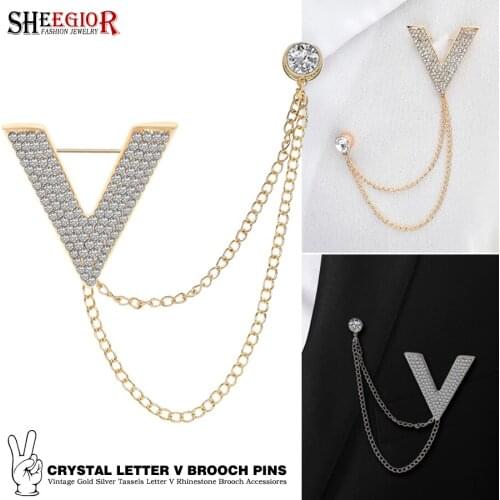 Crystal Letter V Brooch Pins Metal Men Badge Luxury Fashion Jewelry Lovely Gold Silver color Brooches for Women Accessories Gift