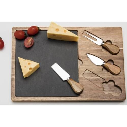 Acacia Wood Cheese Board Set with Cheese Knife Black Slate Wooden Home Cutting Board