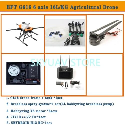 2021 NEW EFT G616 Six-Axis 16L 16kg Agricultural Spray Drone Brushless Water Pump With T12 H12 VD32 K++/K3A PRO FC x8 Power Kit