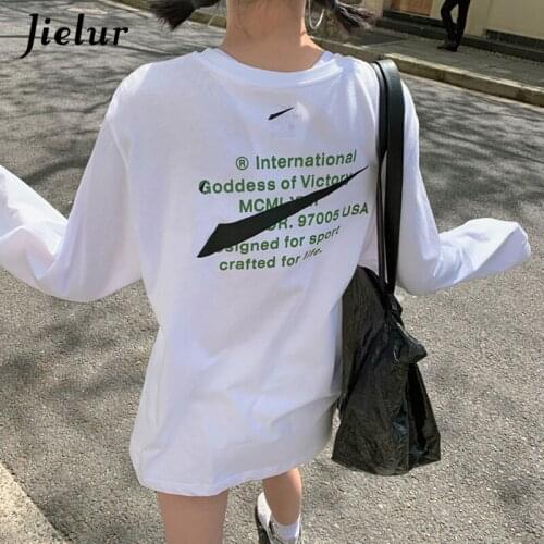 Jielur 2021 Spring New Loose T-shirt Women BF Tops Hipster Long Sleeve Tee Shirt Fashion Letter Print Couple T-shirt Harajuku