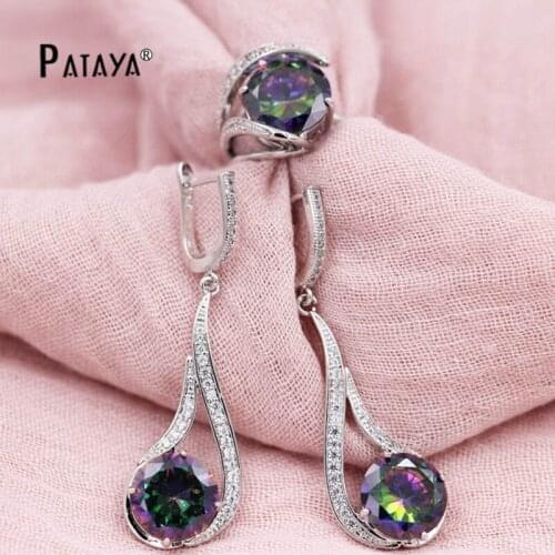 PATAYA Round Rainbow Bridal Jewelry Sets True White Gold AB Natural Zircon Earrings Ring Sets Weddings Nigerian Vintage Sets