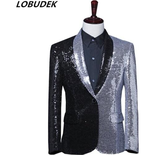 Mens Formal Silver Black Sequins Splicing Suits Jacket Fashion Asymmetric Slim Coat Tuxedo Singer Host Stage Performance Blazer