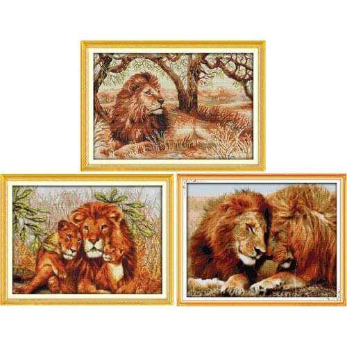 Family of Three Lions Cross Stitch Kits 11CT14CT Animal Printed Pattern Crafts Chinese Needlework Counted Embroidery Accessories