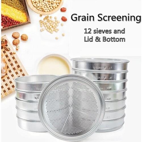 Grain Sampling Sieve Set Aluminum Round Hole Grain Selection Sieve Diam. 22 cm Aperture 1.0 mm - 12 mm Including Lid & Bottom