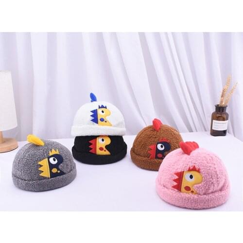 2021New Baby Hat skullcap Melon skin Hat Wool Cartoon dinosaur sticker Autumn winter Keep Warm Windproof Unisex Goods in stock