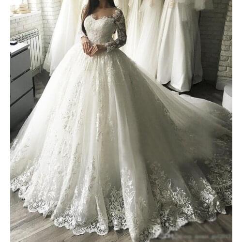 New Gorgesous Long Sleeves Ball Gown Lace Wedding Dresses Bridal Gown Celebrity vestido De Noiva robe de mariee Luxury