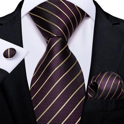 New Fashion Purple Gold Striped Neck Tie For Men Luxury Business Wedding Mens Silk Ties Handkerchief Cufflinks Gift DiBanGu