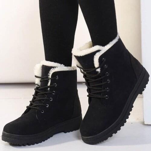 Lace-up solid shoes women snow boots 2021 fashion warm plush winter ankle boots women shoes lace-up round toe women boots