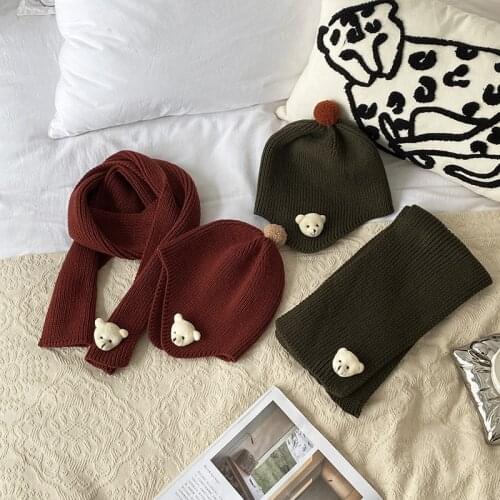 Autumn Winter Children Scarf Hat Two Sets Cute Bear Accessories Bonnet For Boy Girl Ear Keep Warmth Kids Knitted Fur Ball Cap