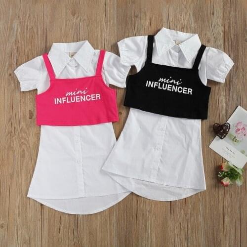 2-7Y Toddler Kids Baby Girl Short Sleeve Solid White Long Shirt Dress Letter Print Tank Tops Outfits Girls Summer Clothes