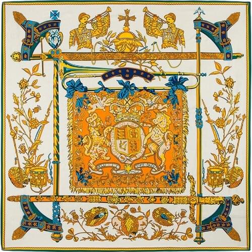 POBONG Luxury Brand 100% Twill Silk Scarf Woman Spain Print Royal Anthem Neck Wraps Echarpe Square Female Big Size Shawl Hijabs