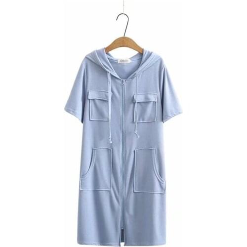 Plus Size XL-3XL Womens Hooded Summer Dress Solid A-line Patchwork Zipper Up Midi Dresses