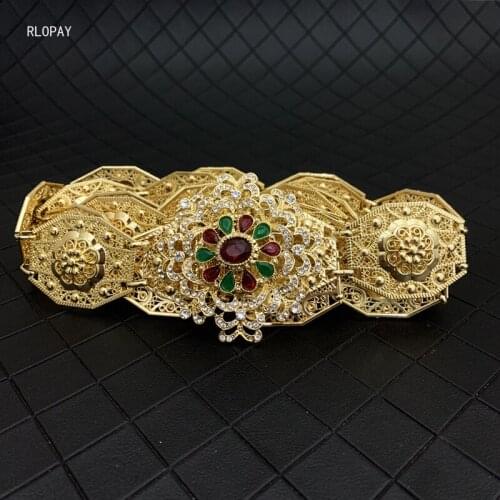 RLOPAY Morocco Trendy Body Jewelry for Women Luxuy Rhinestone Flower Belt Buckle Chain Belts for Caftan Dress Gold Belts