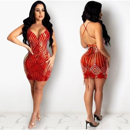 TNNAOFF Sexy Sequined Bodycon Mini Dress for Women 2021 Birthday Clothes Off Shoulder Deep V Bandage Backless Night Club Dresses