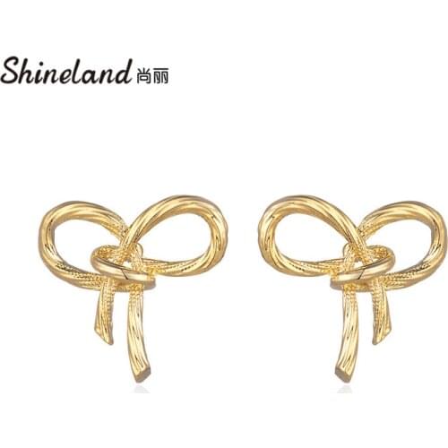 Shineland Simple Bow Knot Stud Earrings For Women Girl Gold Color Alloy Metal Brincos Minimalism Bijoux Trendy Jewelry Bijoux