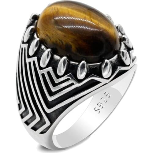 Vintage 925 Sterling Silver Mens Ring Oval Natural Tiger Eye Stone Turkey Constantinople Auspicious Husband Wedding Ring