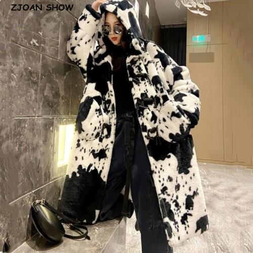 HIGH QUALITY Winter Hooded Hairy Shaggy Tuscan Cow Leopard Fur Long Coat Long Sleeve Furry Women Jacket Long Trench Outerwear