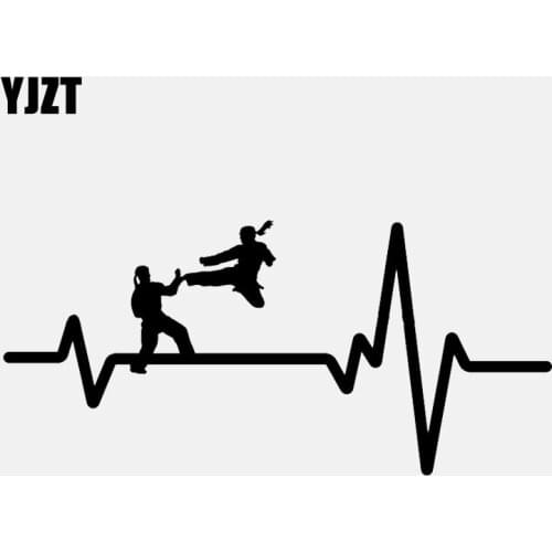 YJZT 16.8CM*7.9CM KARATE Uniform Jump Kick Girl Heartbeat Vinyl Black/Silver Car Sticker C22-1218