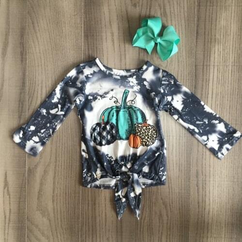 Girlymax Fall Halloween grey tie dyed pumpkin mint tie knot cotton top long sleeve t-shirt baby girls raglans boutique match bow