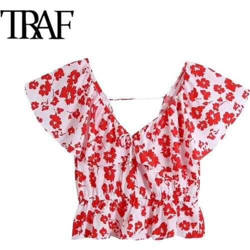 Baldauren 2021 Women Fashion With Bow Floral Print Cropped Blouse Vintage V Neck Ruffled Sleeves Female Shirts Blusas Chic Tops