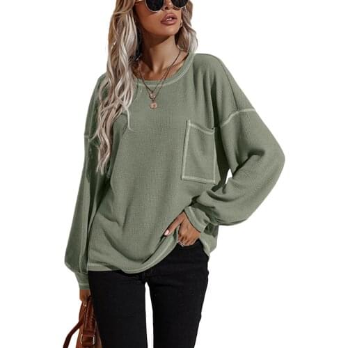 Women Loose Style Pullover Solid Color Batwings Sleeve Round Collar Tops with Pocket, Brick Red/ Green/ Khaki