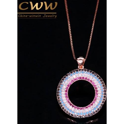 CWWZircons Elegant Rose Gold Color Austrian Rhinestone Round CZ Stones Pendant Necklaces For Women Cute Circle Pendulum CP009