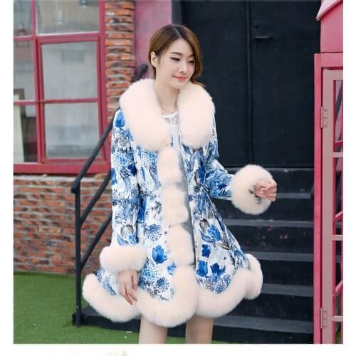 2020 Leather Jacket Women Cotton Padded Faux Leather Jacket Faux Fox Fur Collar Print Floral Leather Jackets Plus Size HJ565