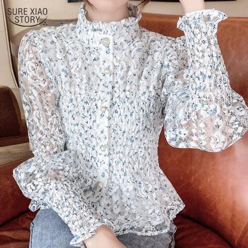 2021 Floral Causal Slimming Shirt Women Autumn Retro Fold Lace Women Blouse Long-sleeve Solid Cardigan Flower Blouse Woman 16333
