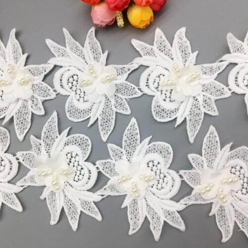 20x Pearl Beaded White Lotus Flower Lace Trim Patchwork Ribbon French Sewing Craft DIY Handmade Knitting Wedding Dress Decortion
