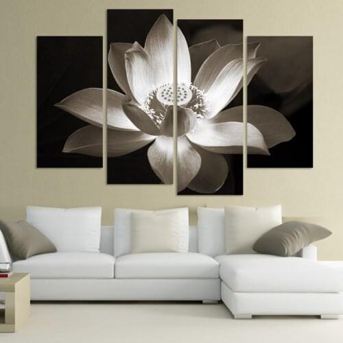 4panel Modern wall art home decoration printed picture flower painting canvas poster black and white simple lotus flower