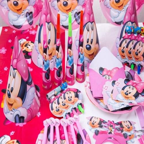 Disney 6pcs Holding Face Minnie Mouse Girl Favor Birthday Baby Shower Party Disposable Cup Plate Flag Napkin Tableware Supplies