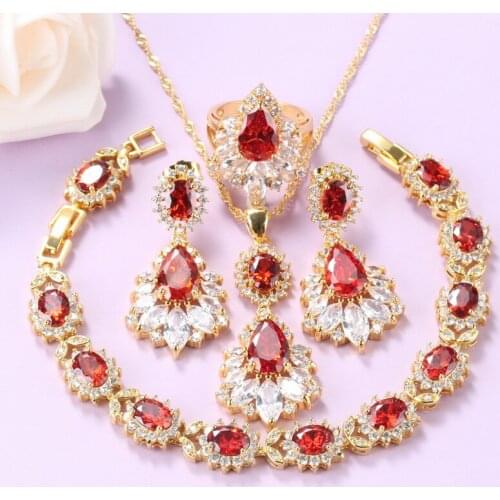 African Women Accessories Garnet Red Big Jewelry Sets Necklace And Long Earrings Gold-Color Wedding Bracelet Ring Sets