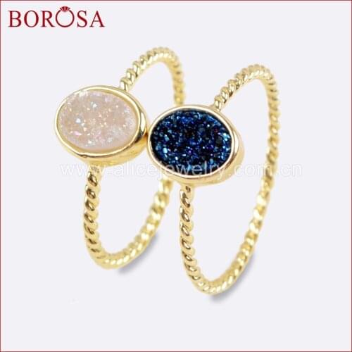 BOROSA Gold Color Oval Rainbow Drusy Rings, Fashion Agates Titanium Rainbow Druzy Bezel Ring Fashion Jewelry for Women ZG0289
