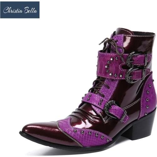 Christia Bella Winter Fashion Men Boots Rivets Patchwork Genuine Leather Mid-boots Male Lace Up Motorcycle Boots Plus Size Shoes