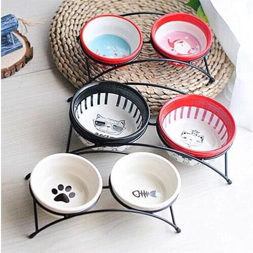 Double Ceramic Dog Bowl Drinking Dish Feeder For Pet Food Water Dish With Raised Stand Cat Puppy Feeding Accessories