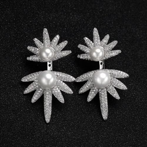 European long section sunflower pearl earrings crystal from Austrian temperament fan-shaped allergy