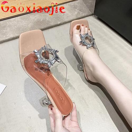 Gaoxiaojie 2021 New Transparent PVC Square End Slipper Women Summer Sparkling Diamond Clear Crystal Cup Heel Party Sandal Shoes