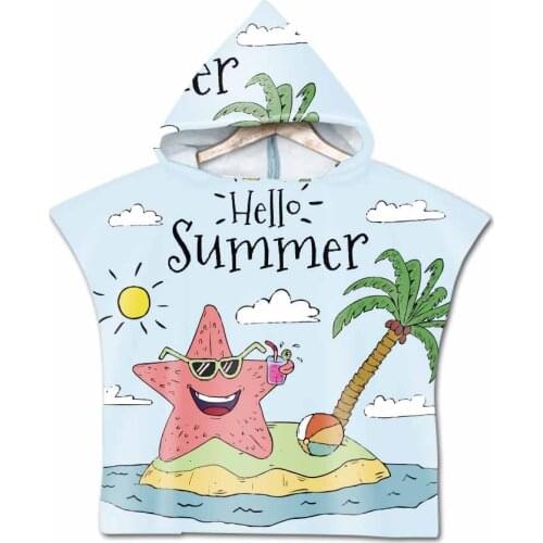 Hello Summer Cartoon Cute Hooded Towel For Kids Fashion Microfiber Beach Towel Wearable Towels Coat As Gifts 3D Digital Printing