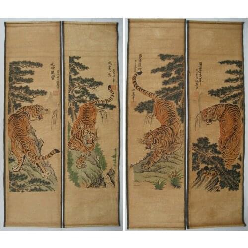 Collection Chinese Scroll Four Exquisite Screens The Zodiac Animal "tiger" Painting Home Decoration Gift