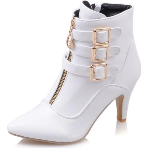Big Size Fashion of European and American wind-tipped high-heel side zipper belt buckle boots