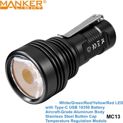 Manker MC13 Powerful Long Range Outdoor Portable Flashlight Blue Red LED Torch with Type-C USB Rechargeable 18350 Battery