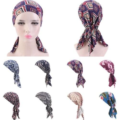 Muslim Stretch Head Scarf Turban Bonnet Fashion Printed Turban Hat Women Inner Hijabs Chemotherapy Underscarf Cotton Baotou Cap