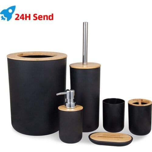 Bathroom Accessories Set 6 Pieces Bamboo Room Set Toothbrush Holder Soap Dispenser Toilet Brush Trash Can Bathroom Essential Set