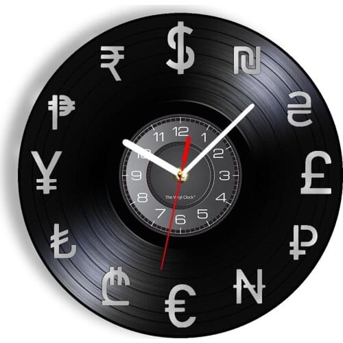 World Currency Symbol Money Vinyl Record Wall Clock Financial Economy Company Office Decor Money Sign Educational Wall Art Clock