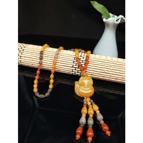 Natural hetian yellow hand carved fox jade pendant jade necklace women fine jade jewelry rose gold white and gold party goods