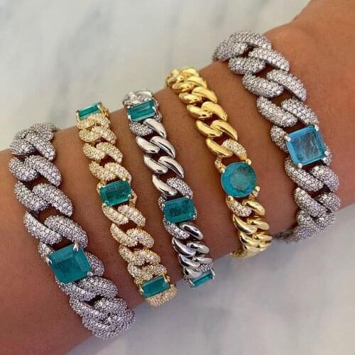 Wholesale iced out bling 5a cz cuban link chain square big green cubic zirconia paved 14mm triple row cuban chain women bracelet