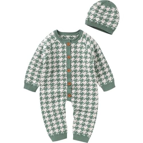 2021 Autumn Baby Boys Girls 2 Pcs Newborn Houndstooth Outfits, Baby Button-down Long Sleeve Round Neck Romper + Hat