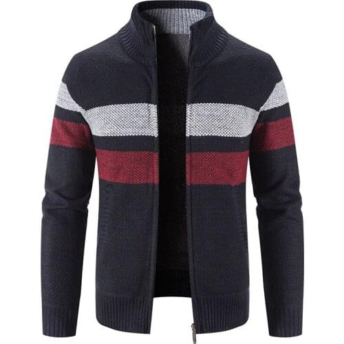 Autumn Winter Striped Sweater Men Casual Stand Collar Wool Cardigan Coat Jumper Fashion Knitted Zipper Warm Sweatercoat Outwear